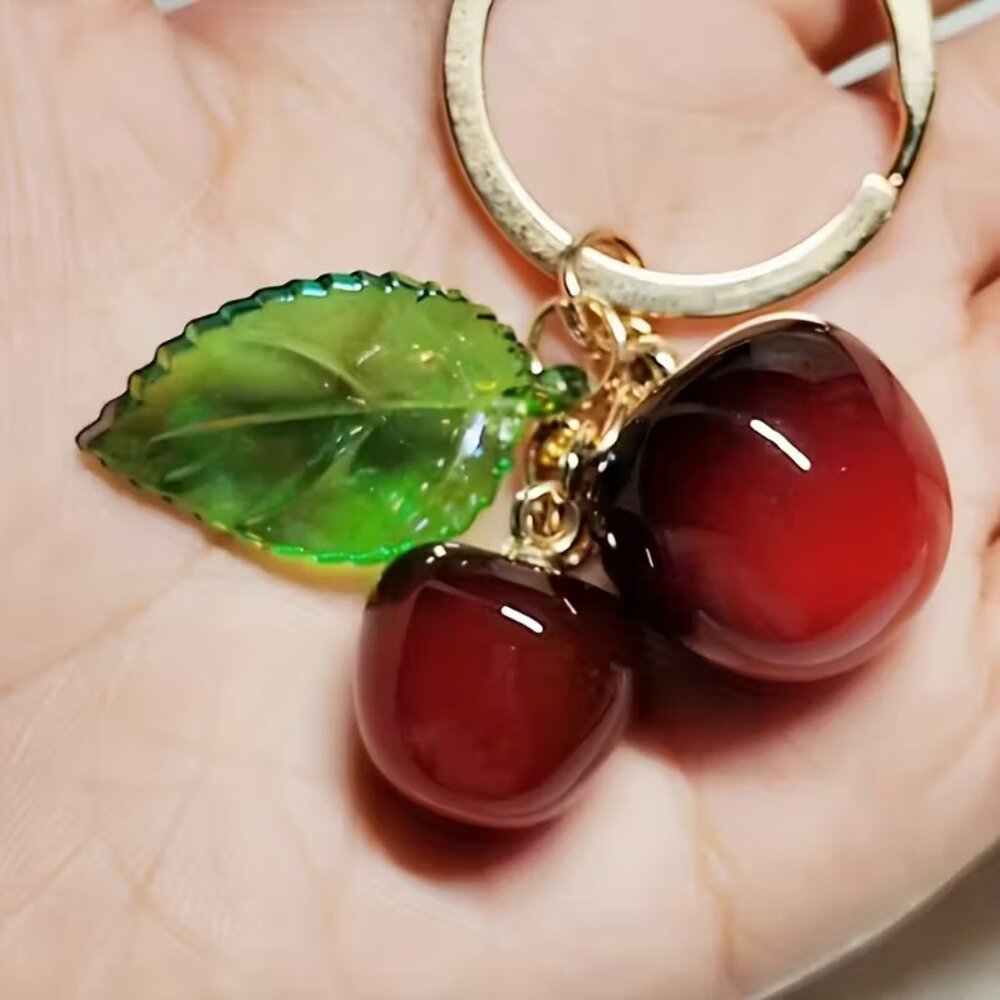 🍒 Cute Glossy Red Cherry Keychain Gold Tone Fruit Charm Bag Purse Backpack - Picture 2 of 4